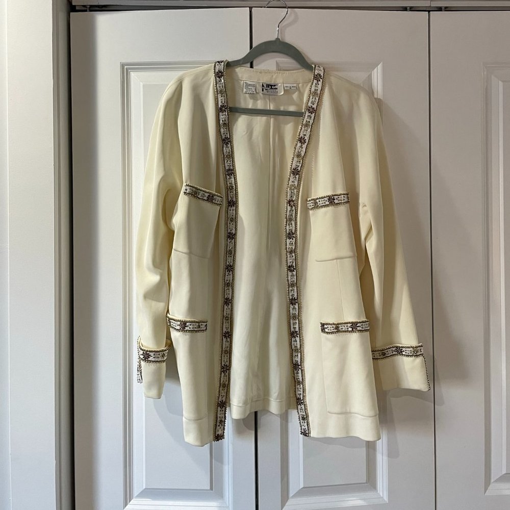 White blazer with beaded detail